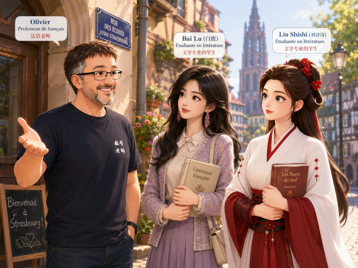 Olivier rencontre Bailu et Liu Shishi près de la cathédrale de Strasbourg