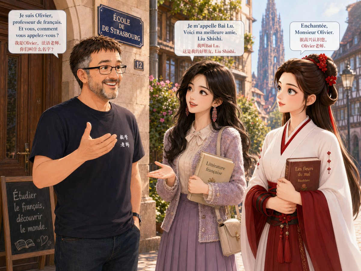Olivier, Bailu et Liu Shishi se présentent devant l'École de Strasbourg