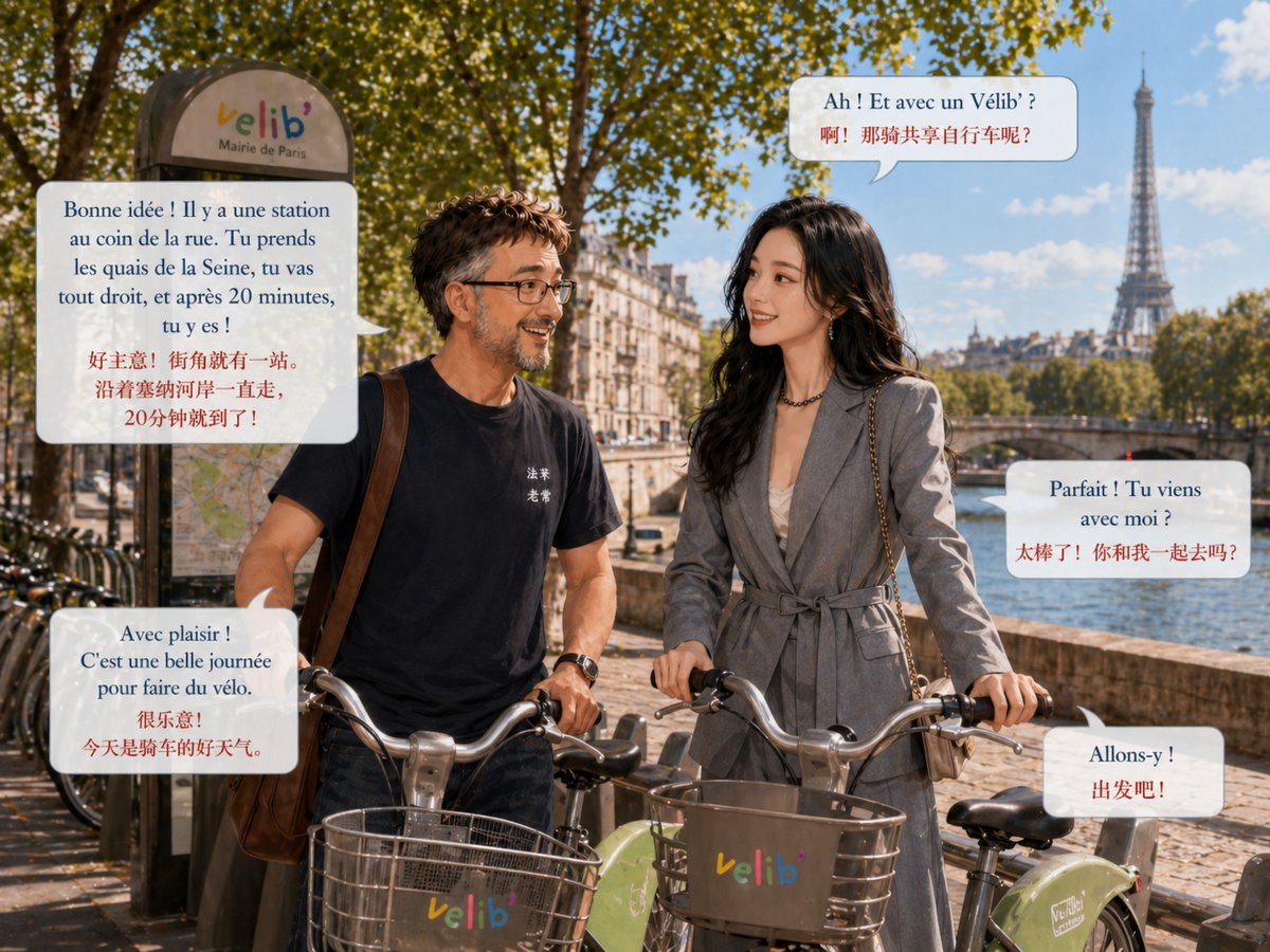Olivier et Ni Ni partent en Vélib' vers la Tour Eiffel le long de la Seine