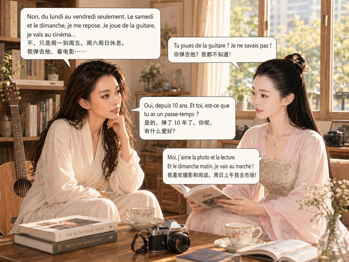 Ivy et Song Yi parlent de leurs hobbys avec une guitare en arrière-plan