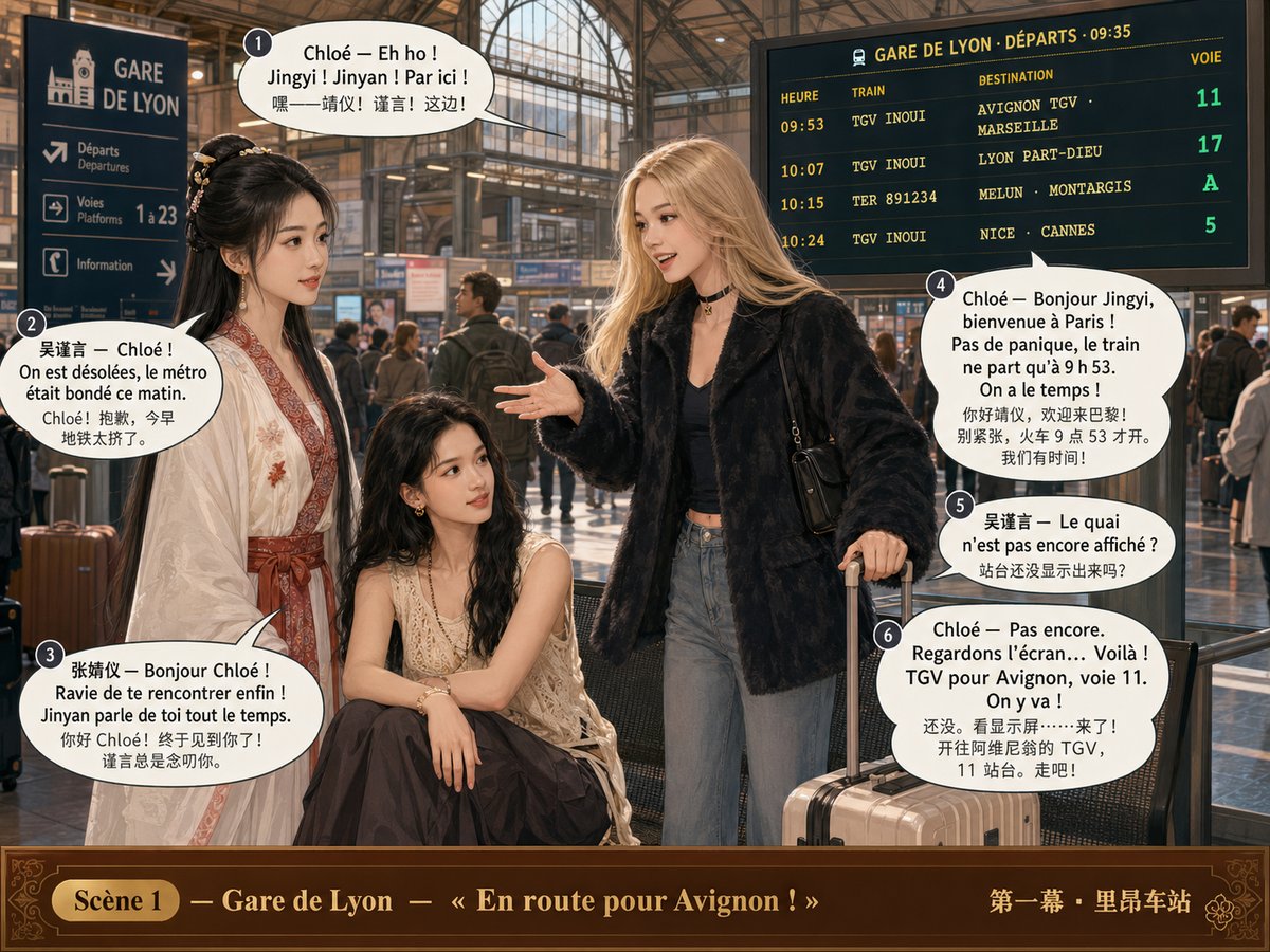 Chloé attend ses amies sous le grand panneau d'affichage de la Gare de Lyon