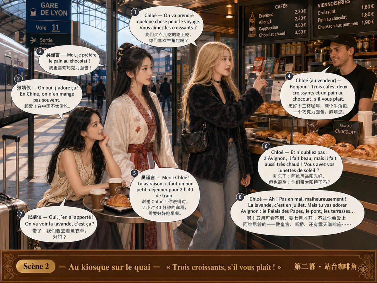 Les trois amies achètent des viennoiseries au kiosque sur le quai
