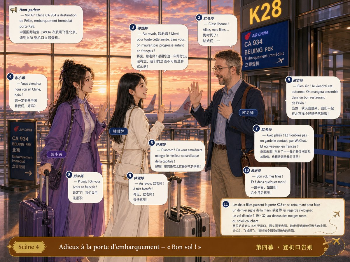 Aux portes d'embarquement, les filles disent au revoir à 欧老师 avant de partir vers la porte K28
