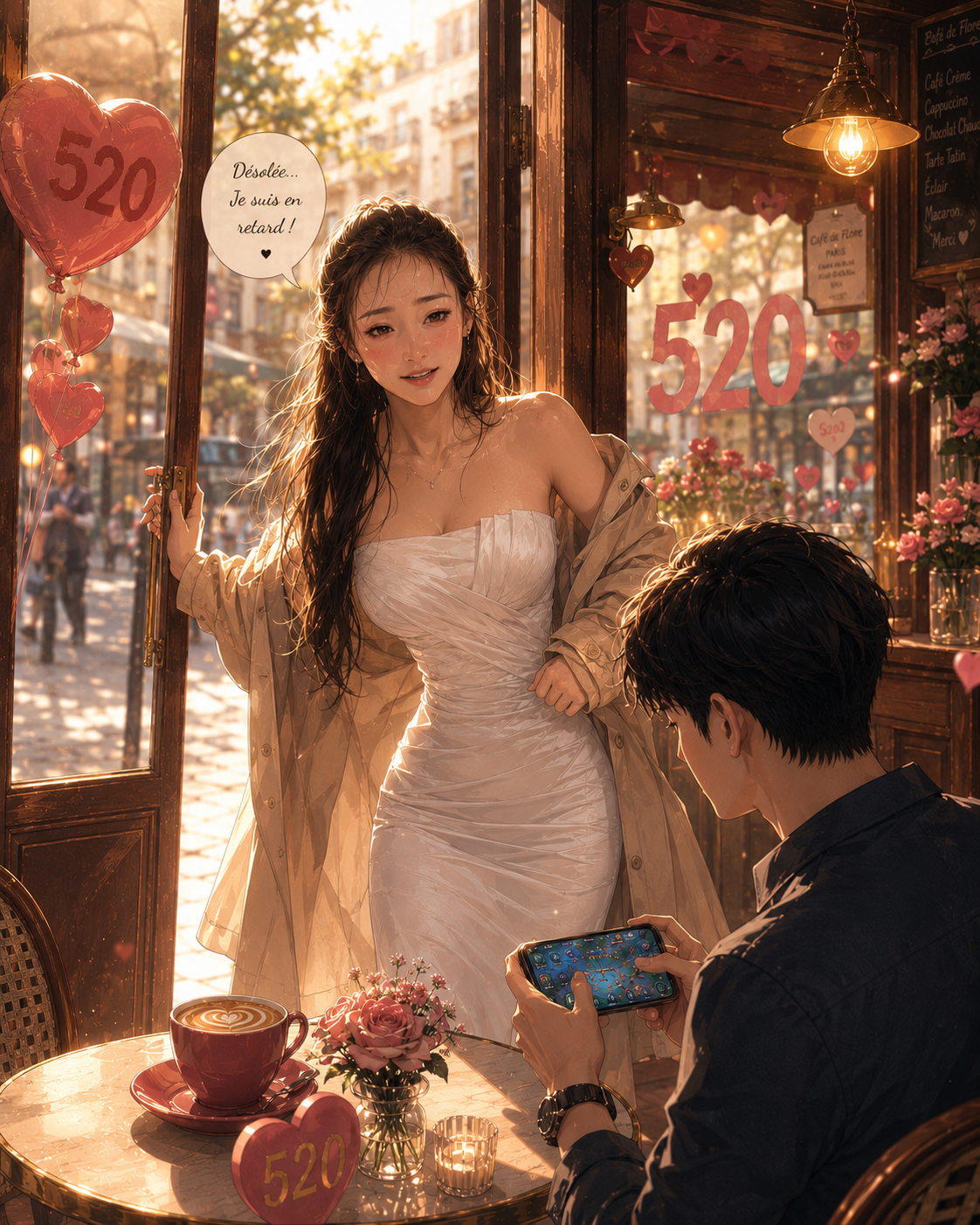 Yao, en robe blanche, arrive au café décoré pour le 520 (cœurs, néon « Love », « 520 Just for you »). Kévin, assis à la table, garde les yeux rivés sur son smartphone où s'affiche un jeu vidéo, sans vraiment la regarder.