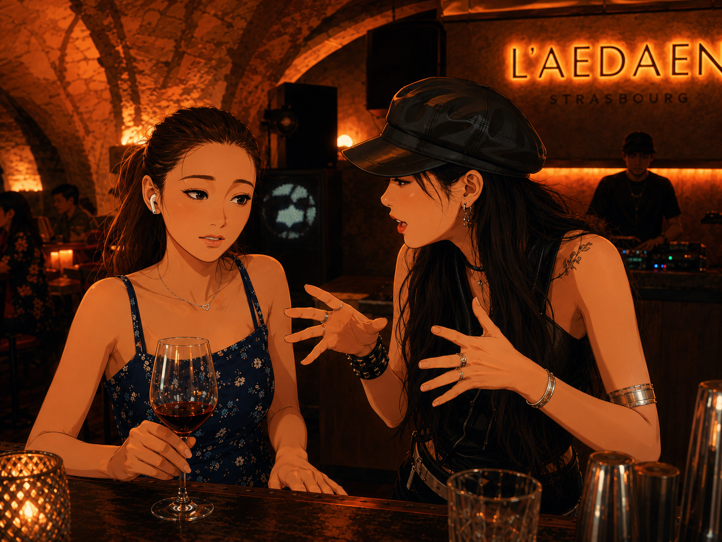 Lola et Yao au bar L'AEDAEN, Strasbourg — Lola raconte sa journée, Yao l'écoute, un verre de vin rouge devant elles.